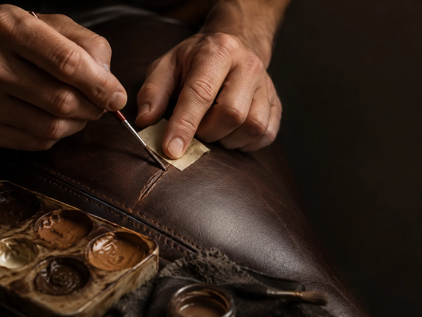 Hands working carefully with leather color samples