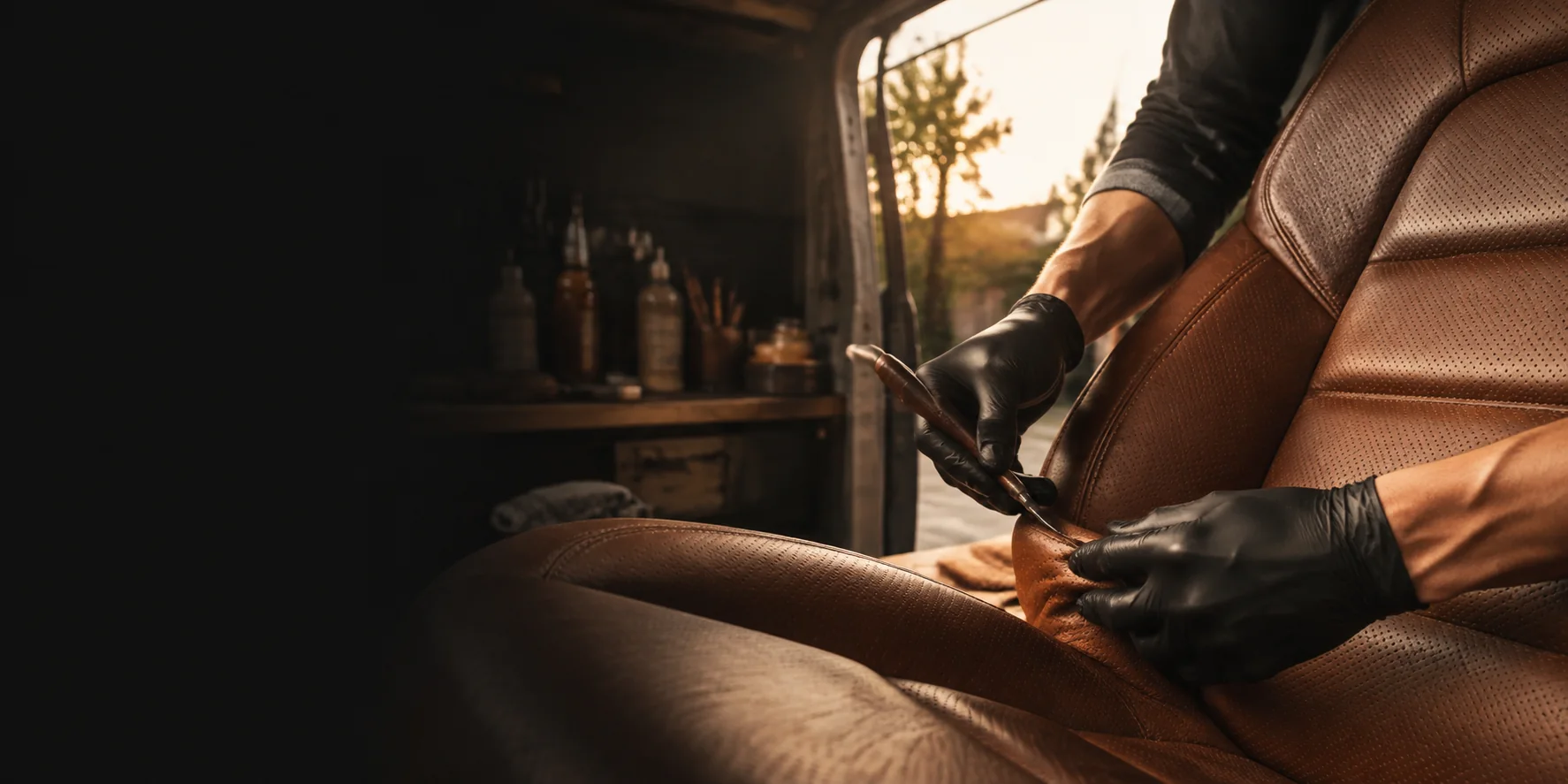 Leather restorer working with hand tools