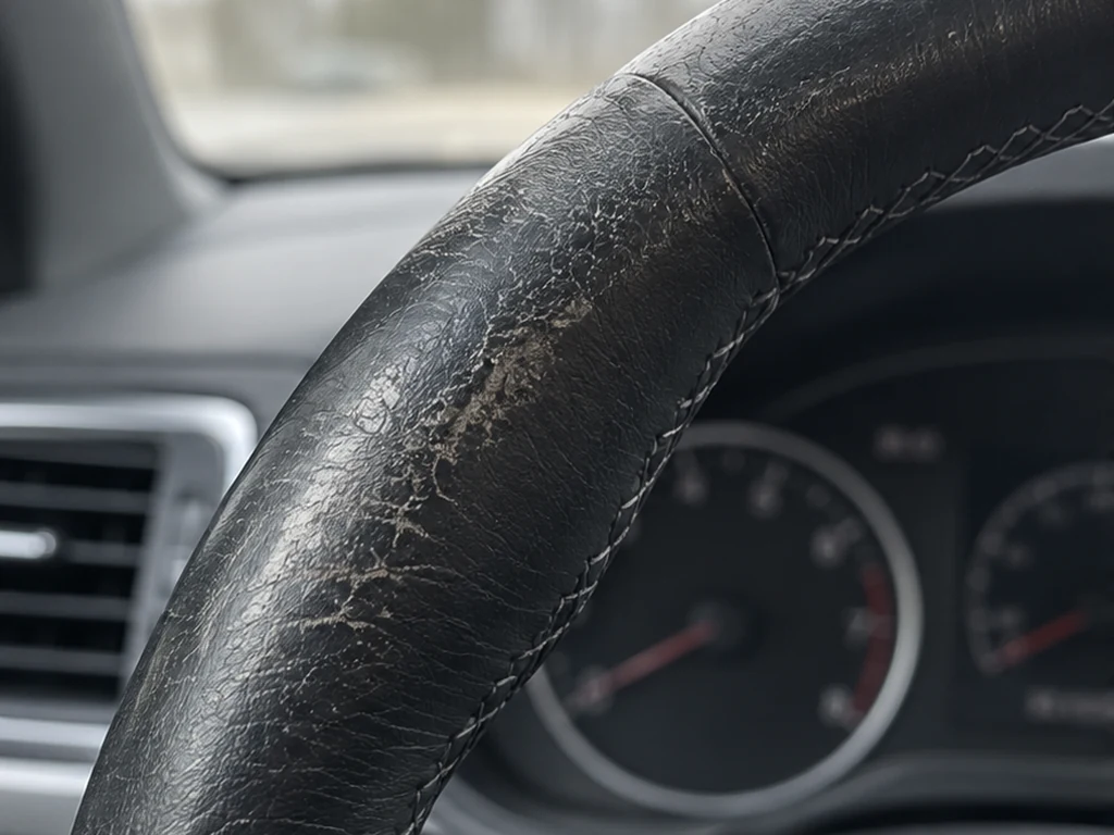 Illustrative view of a worn black leather steering wheel