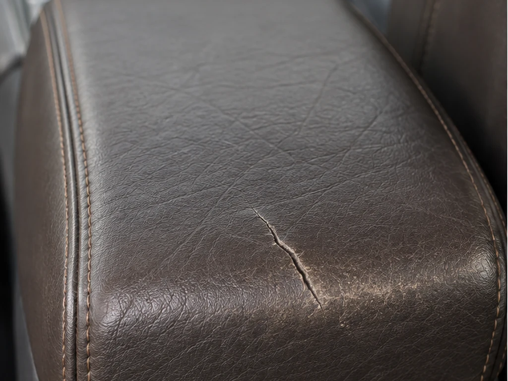 Illustrative view of a cracked brown leather center armrest