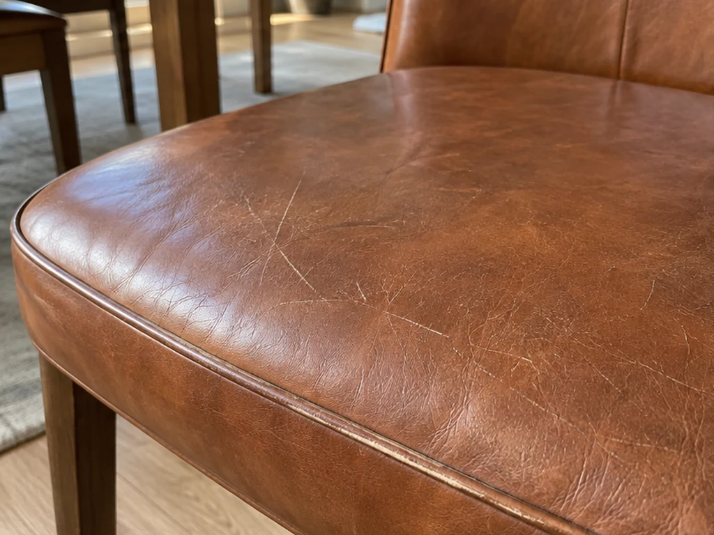 Illustrative view of a scratched cognac leather dining chair