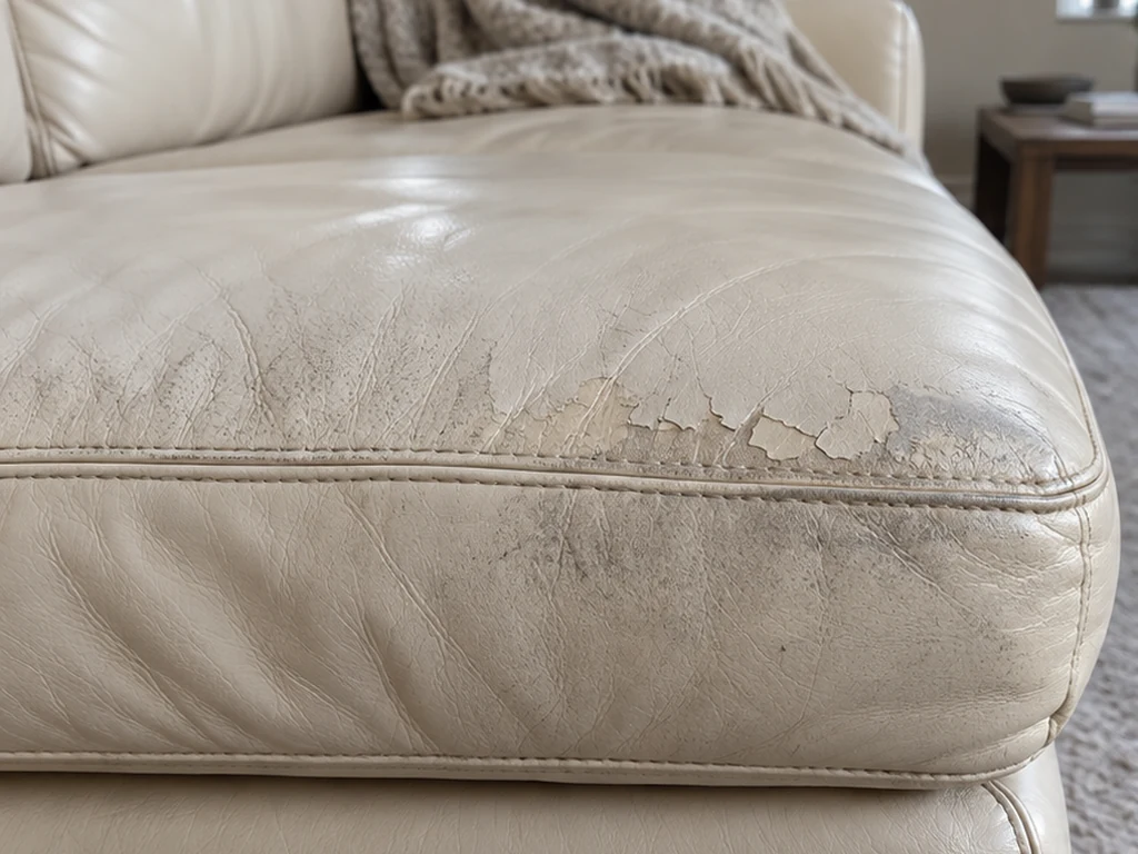 Illustrative view of a cream sofa cushion with peeling finish