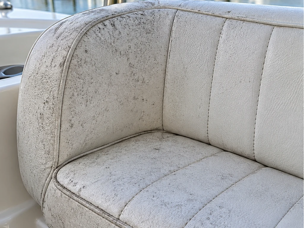 Illustrative view of mildew spotting on a white marine vinyl bench