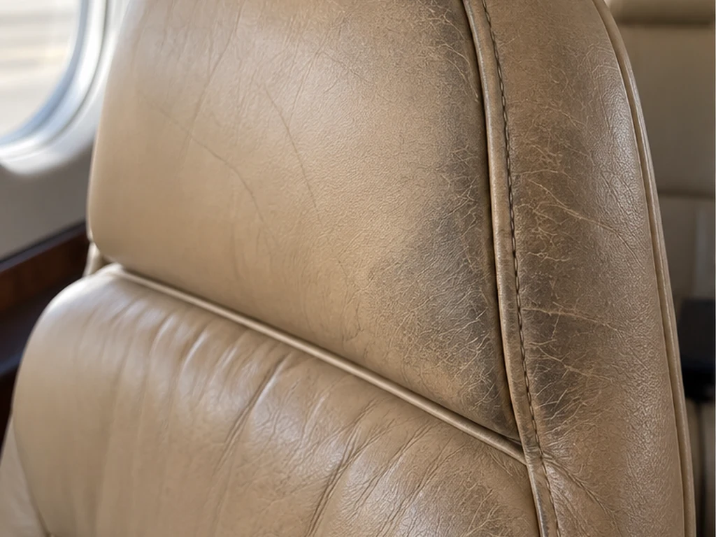 Illustrative view of a worn aircraft leather headrest
