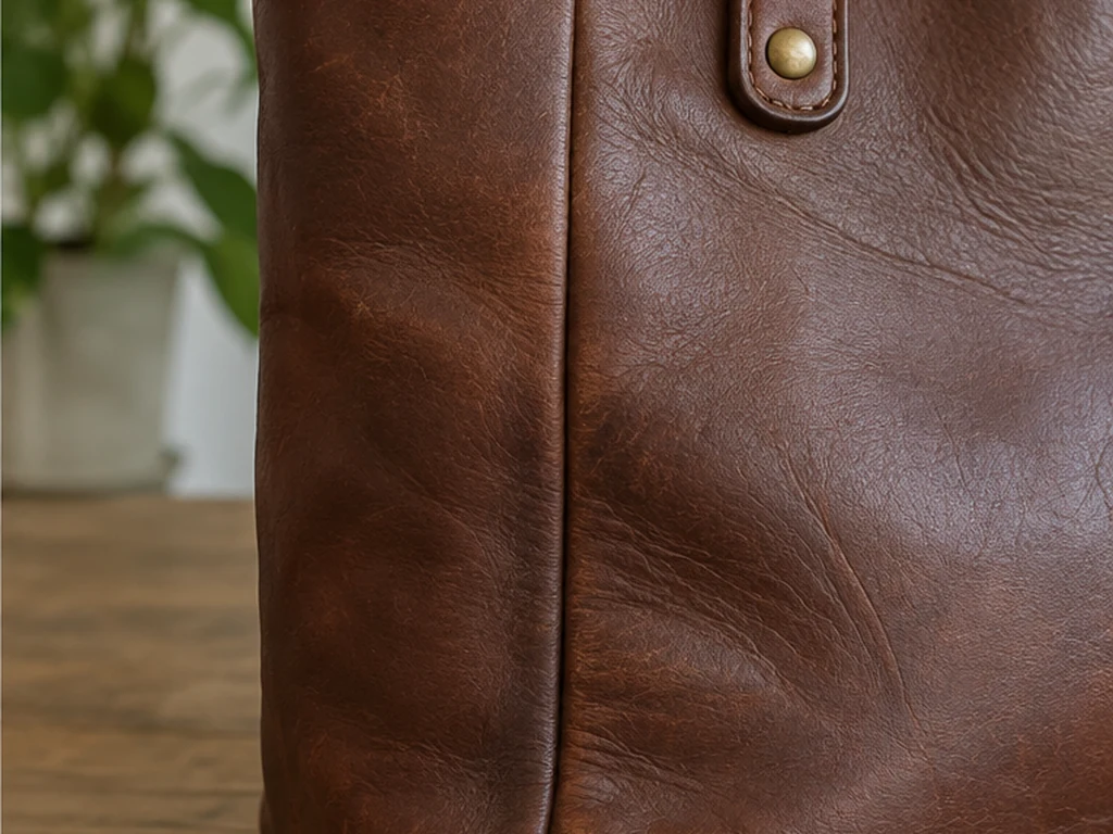Illustrative view of the leather tote with a restored corner