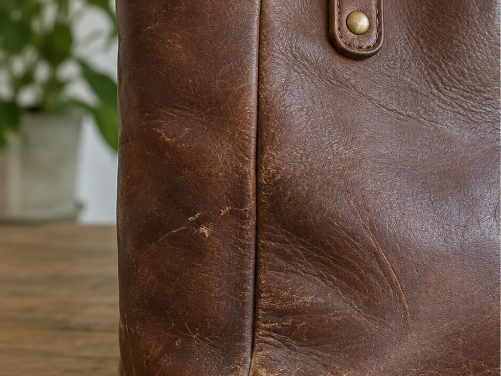 Illustrative view of a brown leather tote with an abraded corner