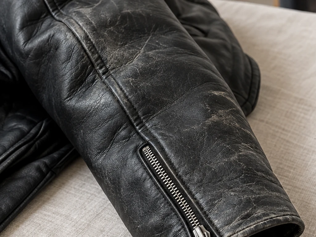 Illustrative view of a scuffed black leather jacket sleeve