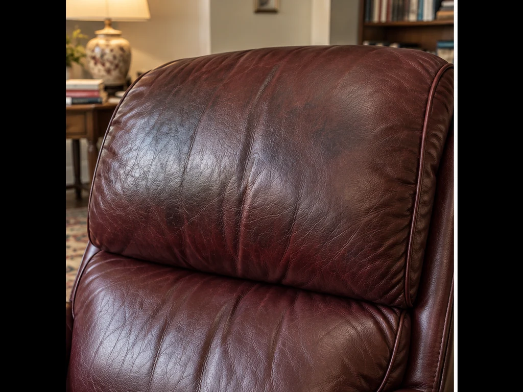 Illustrative view of uneven sheen on a burgundy leather recliner headrest