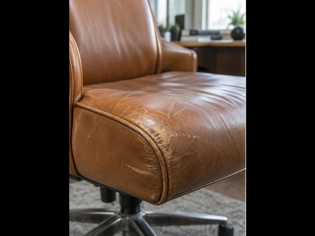 Illustrative view of a worn seat edge on a caramel leather office chair