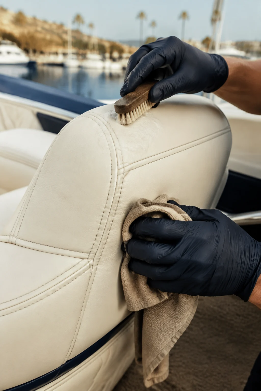 Illustrative close view of cream marine upholstery
