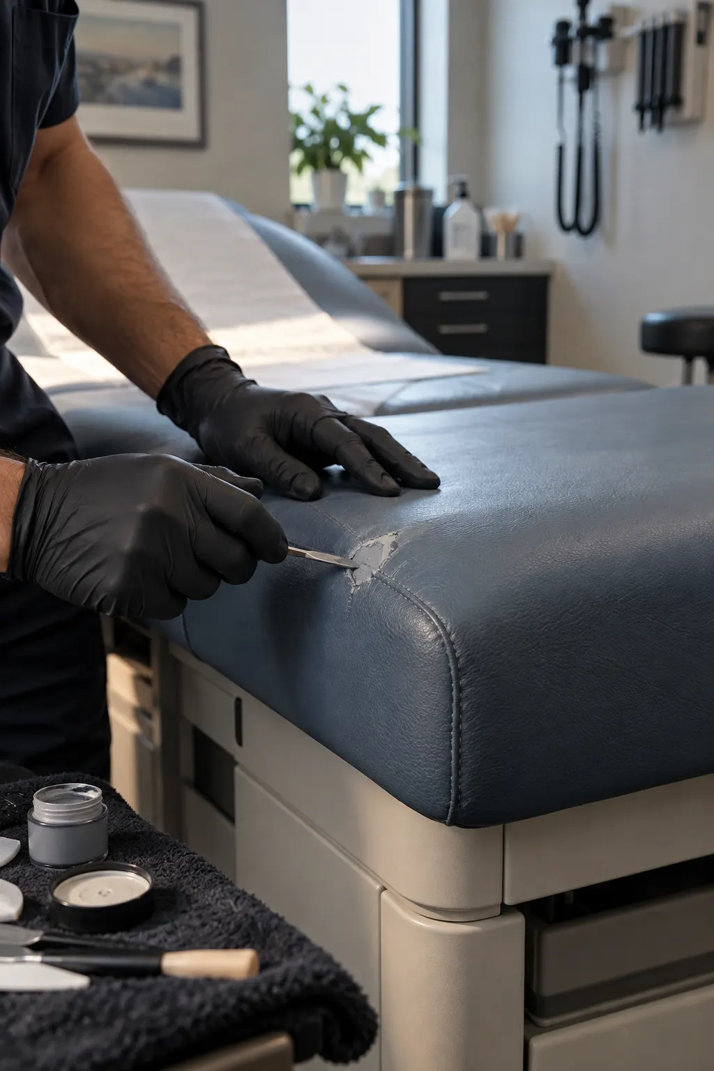 Illustrative view of worn medical exam table upholstery
