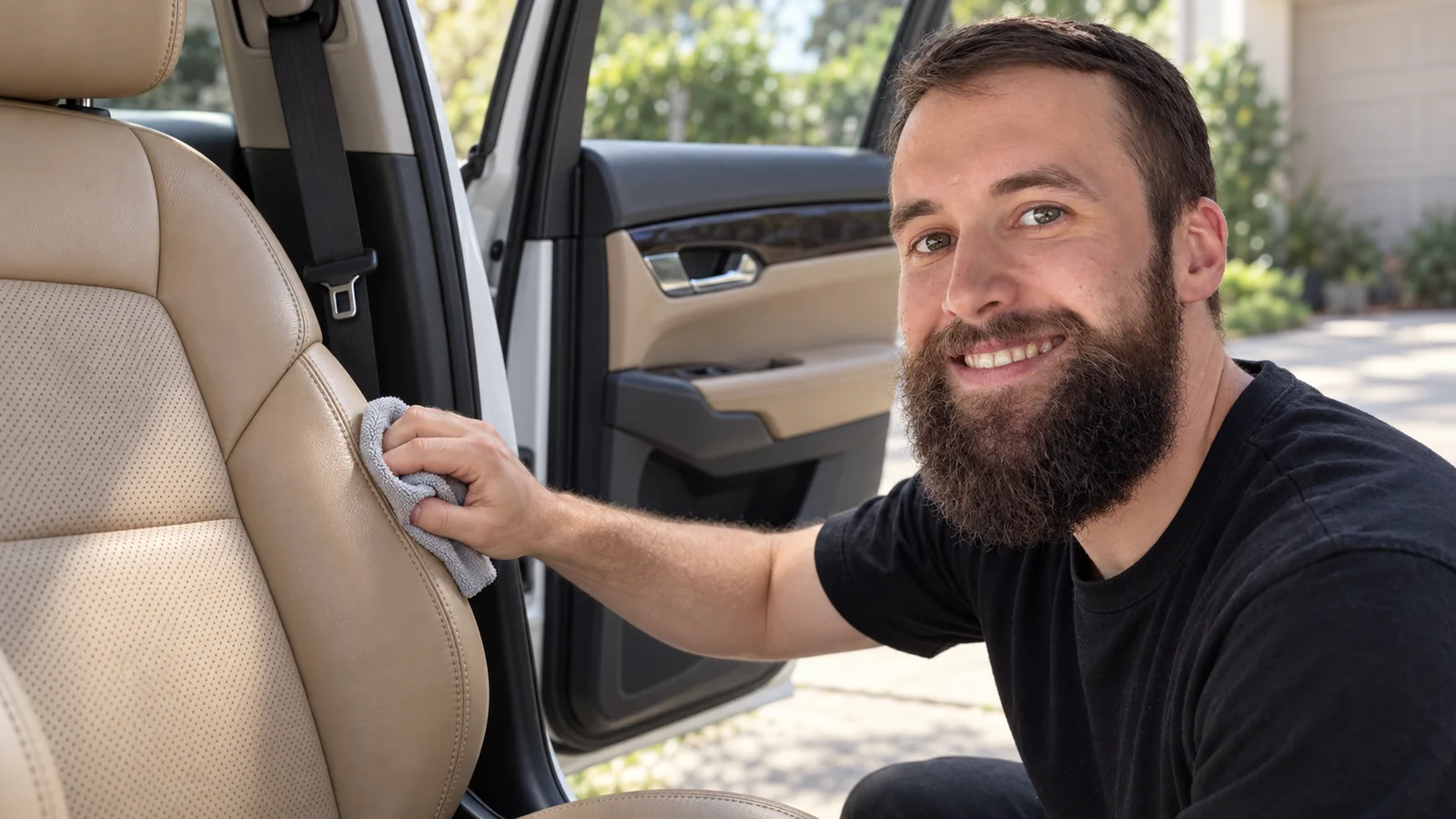 Illustrative scene of Vildan assessing automotive leather