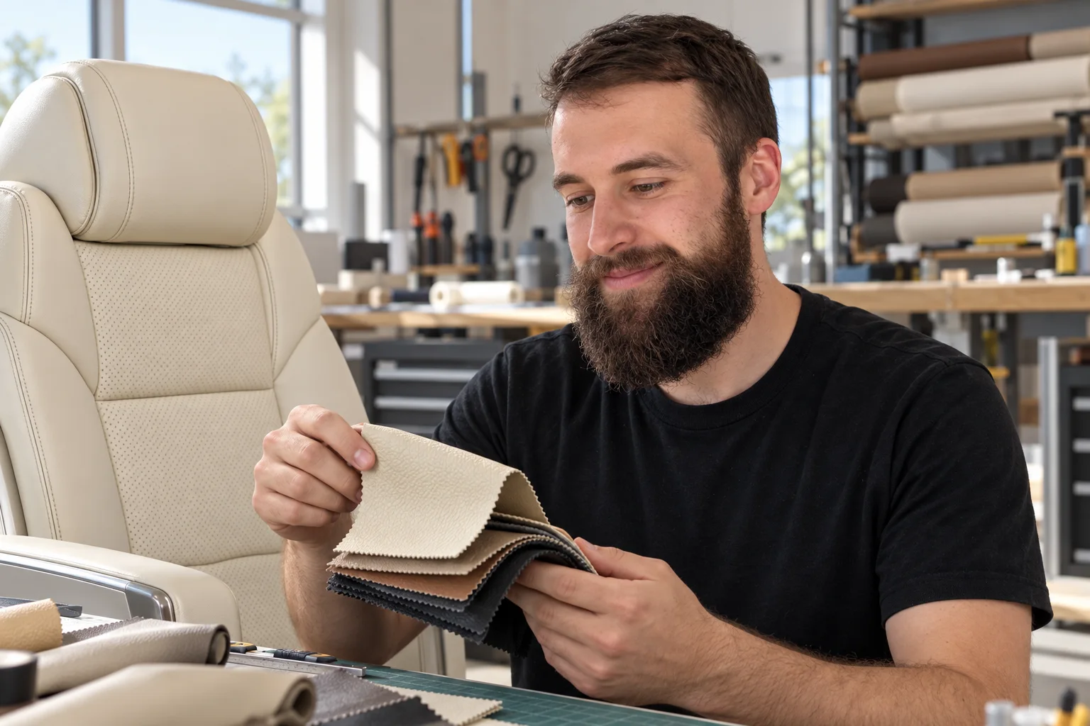 Illustrative scene of Vildan comparing material samples beside a detached aircraft seat