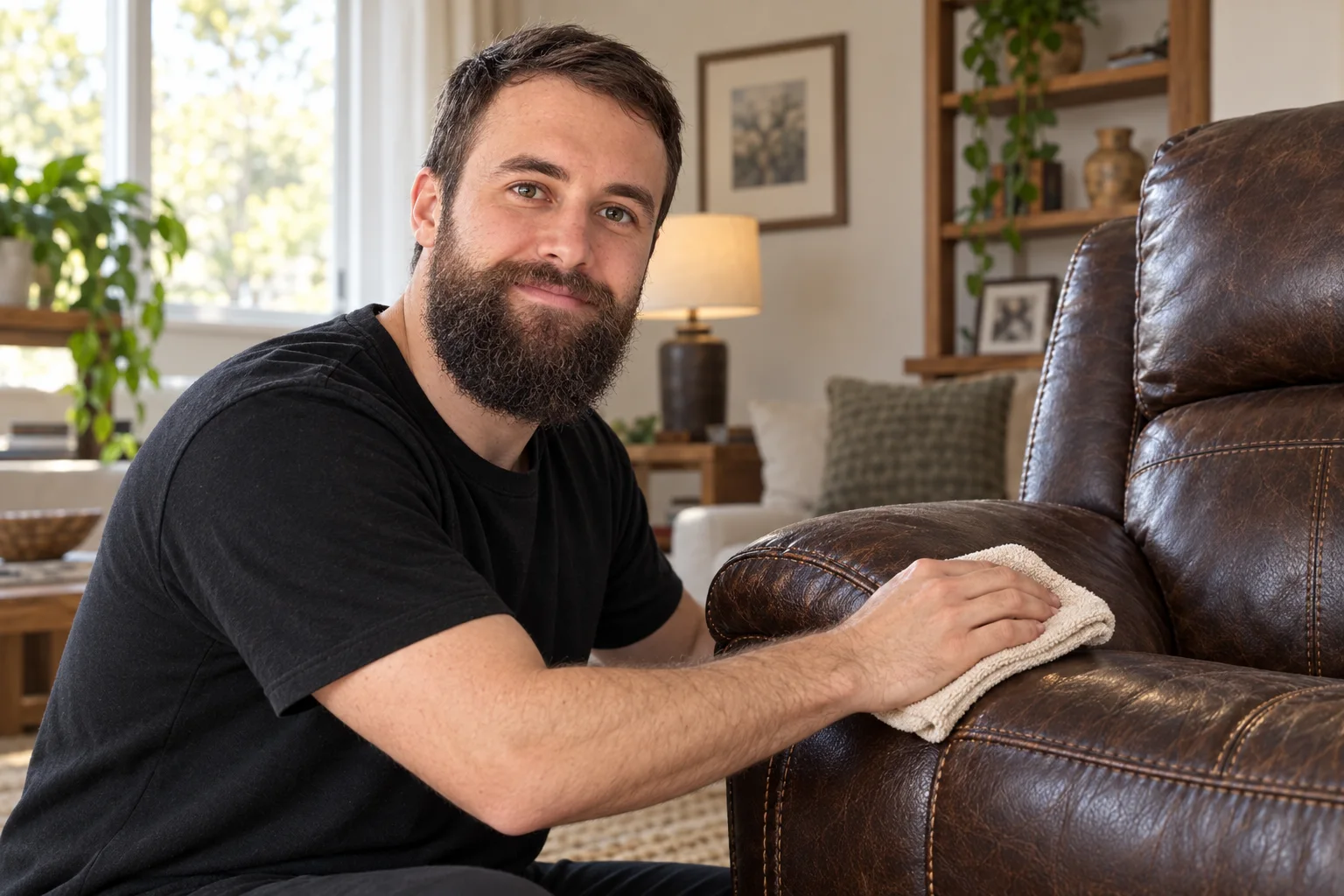 Illustrative scene of Vildan conditioning a dark leather recliner