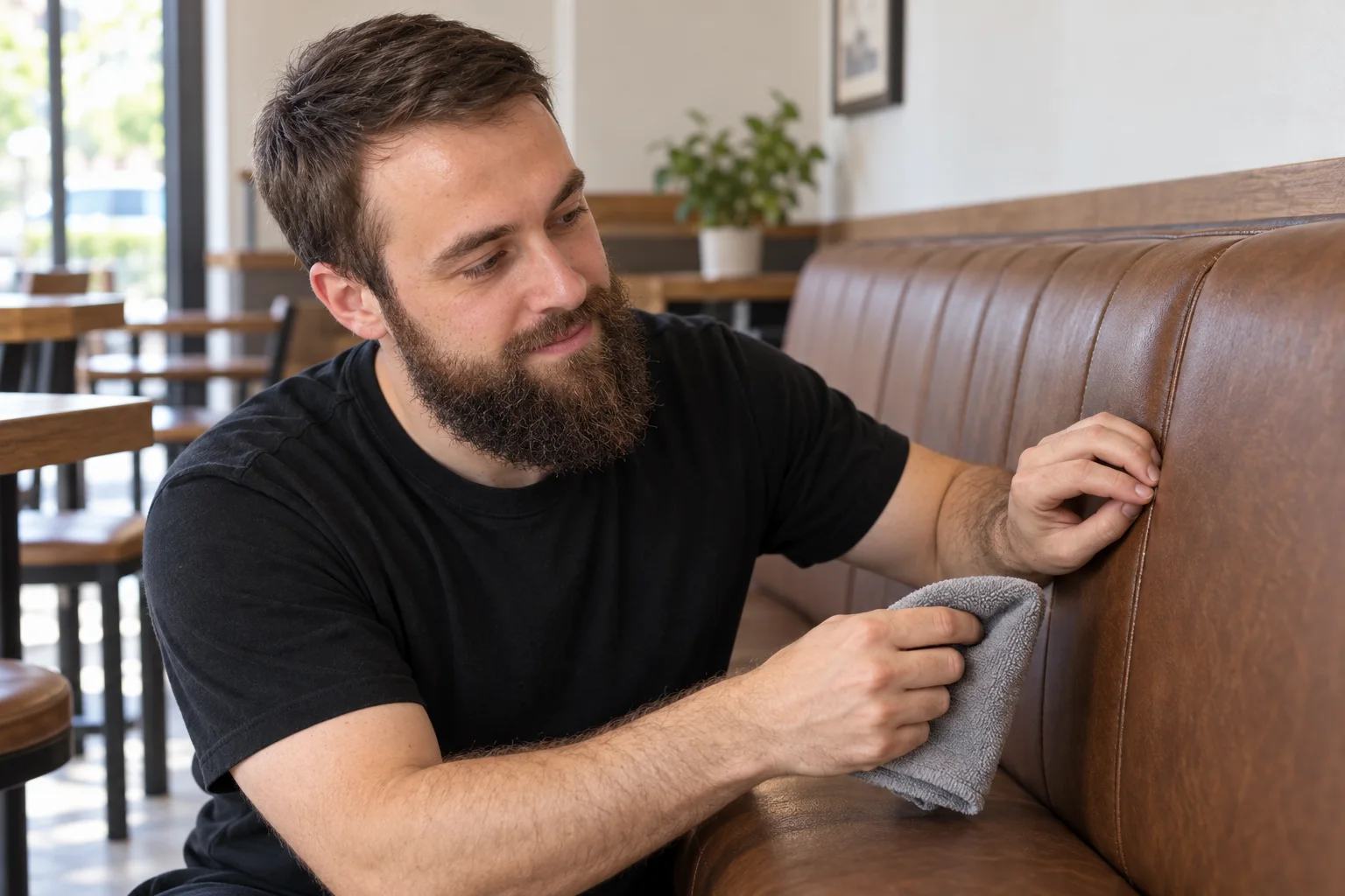 Illustrative scene of Vildan examining a restaurant booth seam
