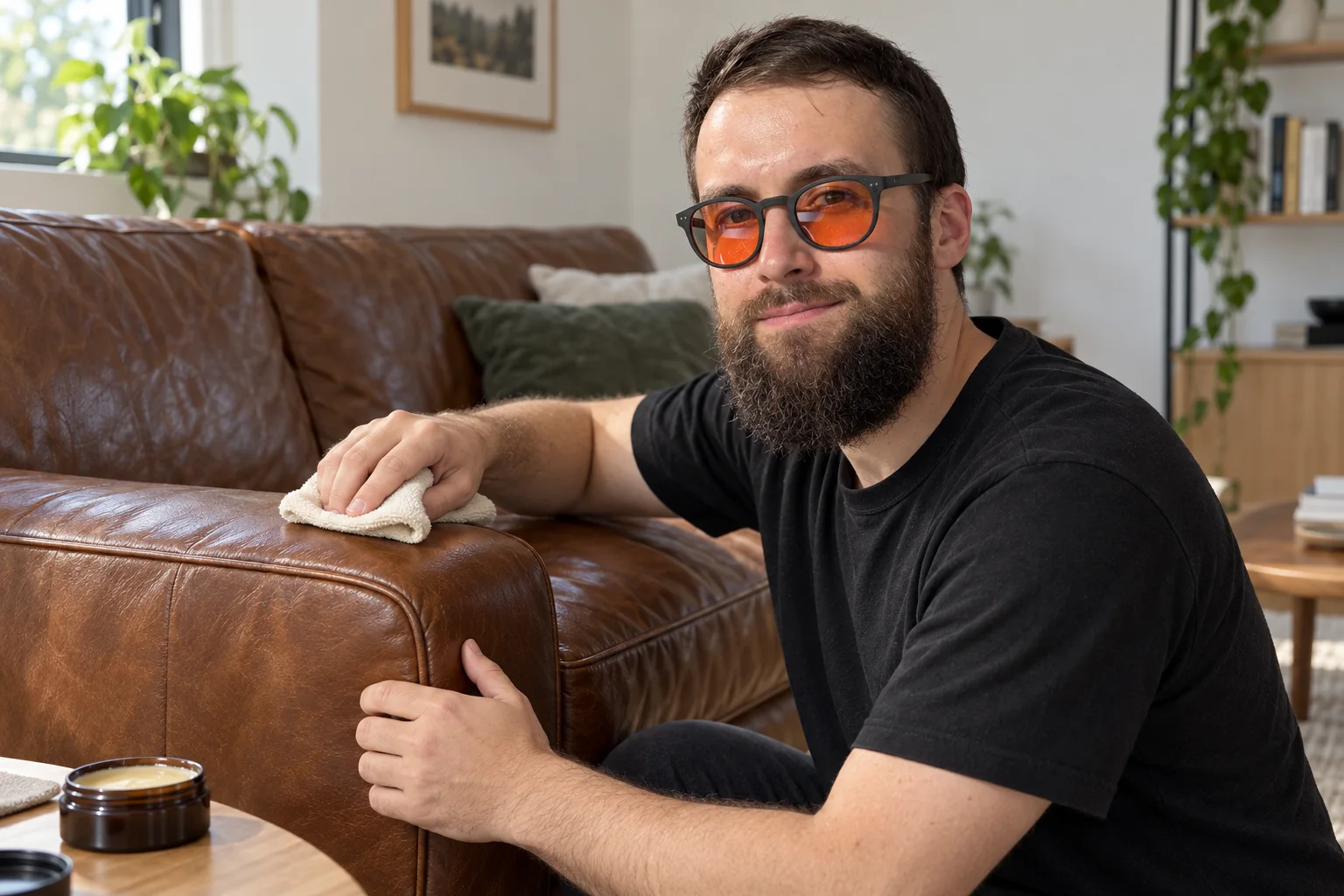 Illustrative scene of Vildan caring for leather furniture
