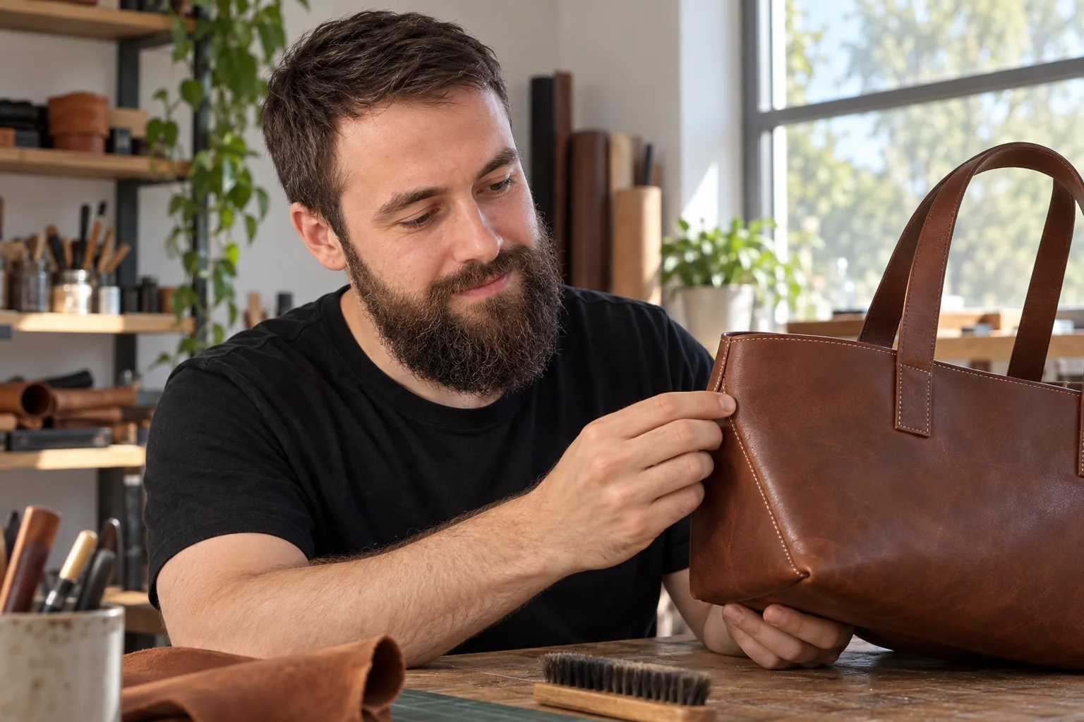 Illustrative scene of Vildan inspecting a leather tote bag