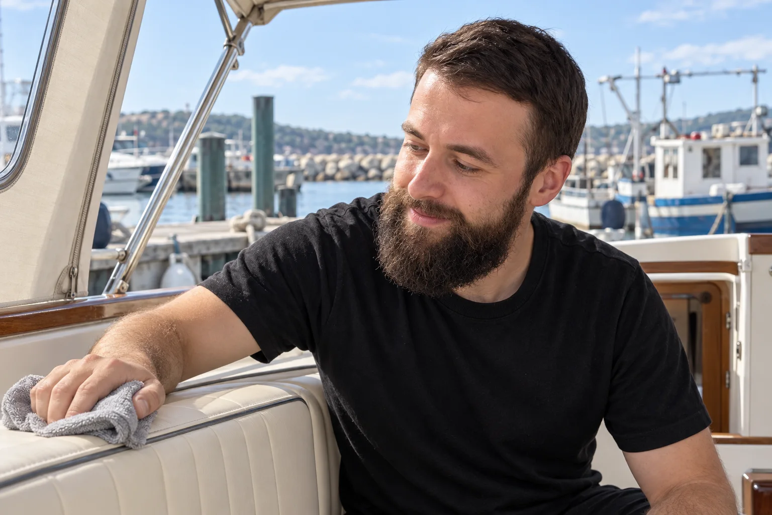 Illustrative scene of Vildan inspecting cream boat upholstery