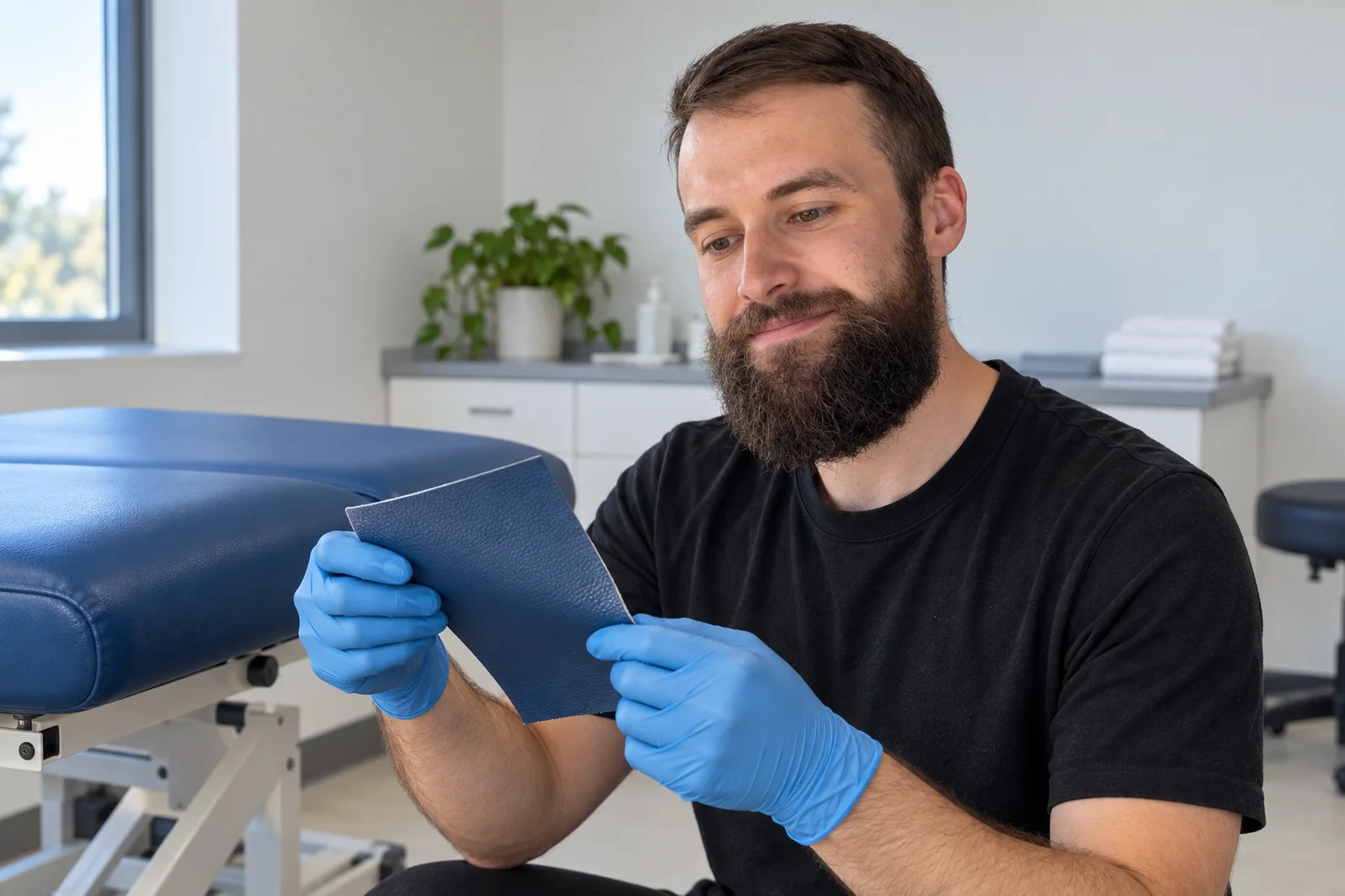 Illustrative scene of Vildan assessing a blue vinyl upholstery sample