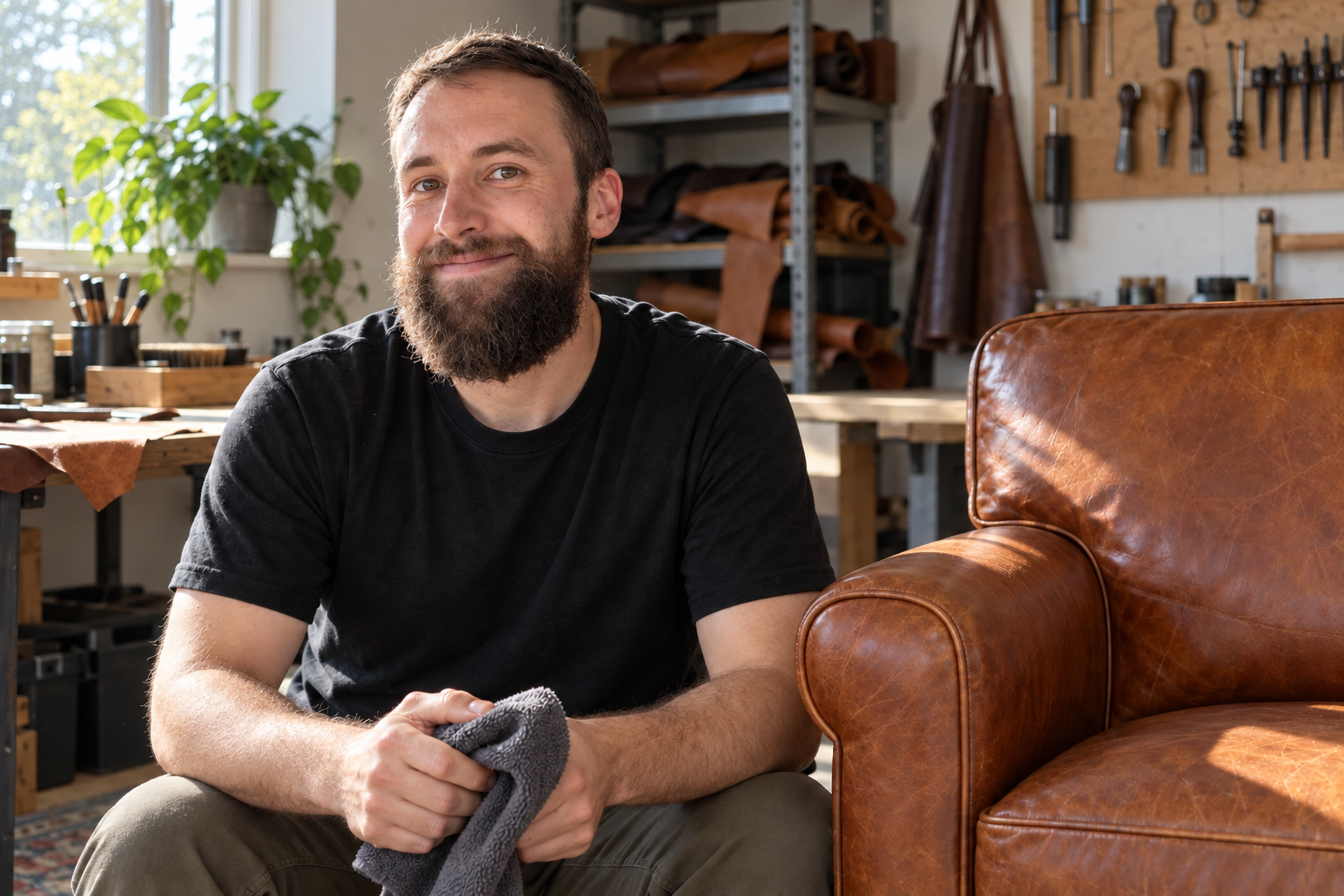 Illustrative portrait of Vildan beside a leather armchair