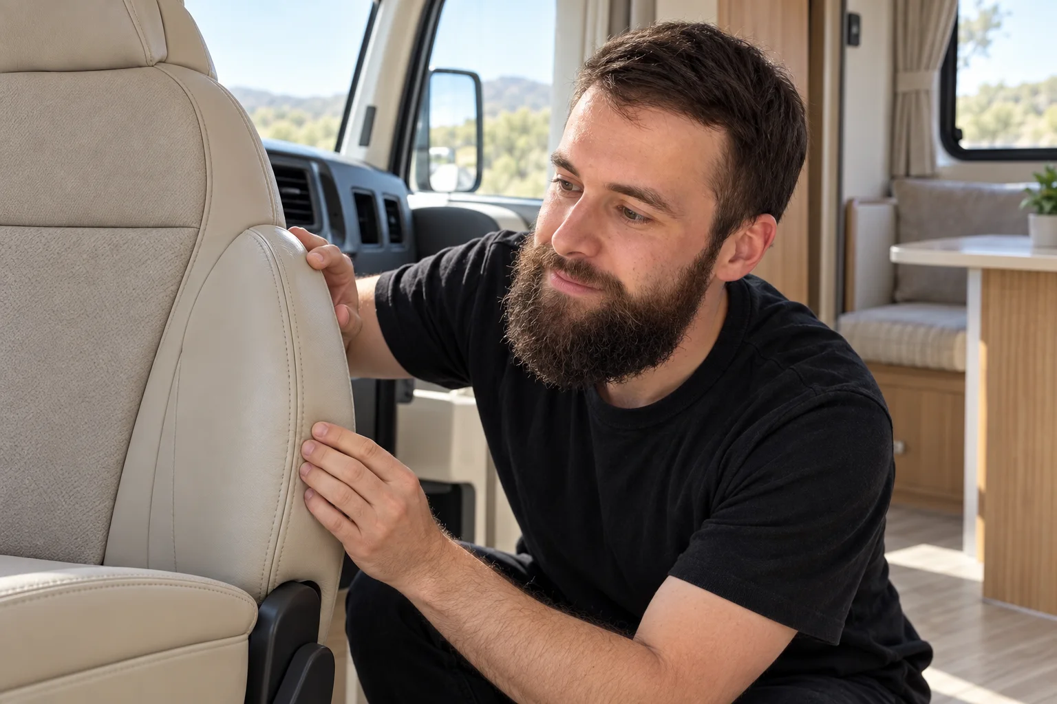Illustrative scene of Vildan inspecting an RV captain chair